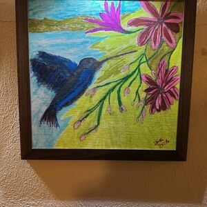 Framed Hummingbird and Flowers Artwork